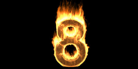 Fire number 8 eight, flaming burn font. Burning flame text with smoke and fiery effect. Hot red fire glow isolated on black background. 3d illustrationの写真素材