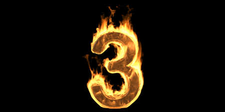 Burning fire number 3 three, flaming burn font. Hot red fire glow isolated on black background. figure text with smoke and fiery effect. 3d illustrationの写真素材