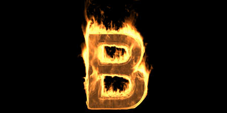 Fire alphabet letter B, flaming burn font. Burning flame text with smoke and fiery effect. Hot glowing design element isolated on black background. 3d illustrationの写真素材
