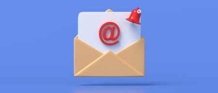 Inbox email, one new e mail, minimal design envelope and red popup notification on blue color background, space. Business address communication app. 3d illustrationの写真素材
