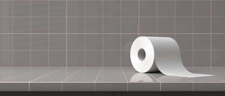 Toilet paper roll on bathroom tiled counter background. Empty space, template. Grey color tiles,...