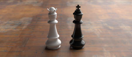 Black chess king and white queen on wooden table background, Female and male figures standing ready...
