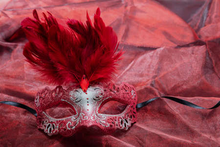 Carnival Venetian mask red color with glitter and feathers decoration on red textile background. Traditional festival female disguise, Mardi Gras masqueradeの写真素材