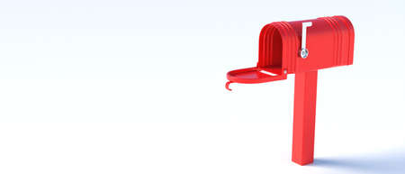 Red mailbox isolated on white background. Empty vintage post box with open door and raised flag, copy space, template. Traditional communication concept. 3d illustrationの写真素材