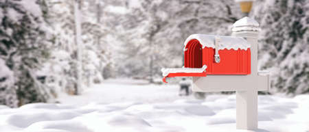 Snow covered mailbox, blur snowed country nature background. Empty retro postbox red color open with raised flag. Correspondence in winter. 3d illustrationの写真素材