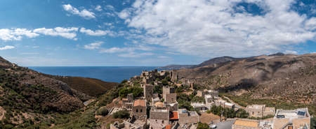 Greece Vathia, old abandoned village with tower houses, Vatheia aerial drone view. Mani Peninsula, ...