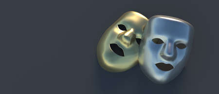 Ancient theatre masks gold and silver color, lack background. Theatrical masquerade for theater...