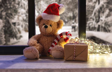 Wait for Santa. Teddy bear sitting on a window sill, snowy trees outdoors. Christmas lights and gift box, warm home interiorの写真素材