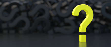 Question mark vibrant yellow, blur black color question marks pile background. Copy space, presentation template. 3d illustrationの写真素材