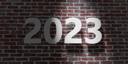 2023 New Year. White digit on red brown brick wall background. Number on building facade. 3d...