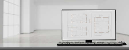 Architecture design, blueprint plan, architectural drawing on a computer screen. Architect engineer...