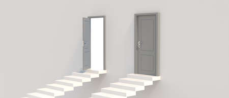Open and closed door at the top of stairs. Rising straight staircase. Business opportunity. Copy space banner. 3d illustrationの写真素材