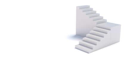 Rising stair isometric solid with turn isolated on white empty background. Upward podium staircase, ambition, business growth, success in career, future progress. Copy space, banner. 3d illustrationの写真素材