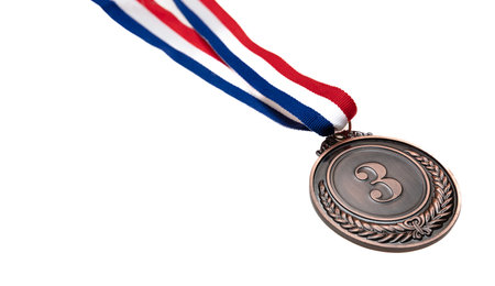 Bronze medal, third place. Champion trophy award and red blue ribbon, design element. Prize in sport isolated cutout on white backgroundの写真素材