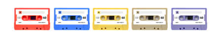 Cassette tape audio isolated on white background. Various color tape with label, retro music and sound, 80s songの写真素材