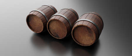 Oak wood barrel, wine beer storage. Wooden whiskey rum barrel on grey color floor. 3d render