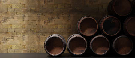Oak wood barrel, wine beer casks stacked on the floor in a dark cellar, stone wall background, copy space. 3d renderの写真素材
