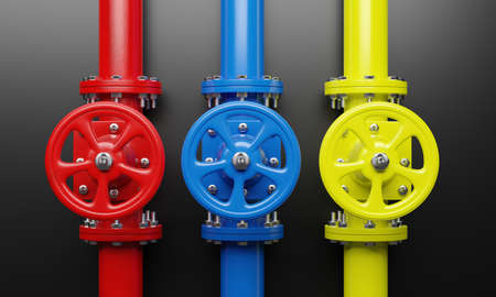 Pipe line and valve with wheel on black background. Red, yellow and blue color Industrial pipeline. 3d renderの写真素材
