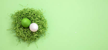Happy Easter. White and green color paint egg in a nest, pastel green background, top view. Spring...