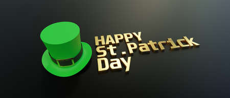 Happy St Patricks Day golden text and leprechaun green hat on black background. Feast of Saint Patrick celebration, Irish festival and party. 3d renderの写真素材