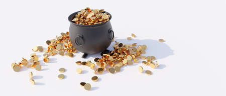 St Patricks lucky pot full of golden coins fortune, good luck concept. Feast of Saint Patrick day celebration, Irish traditional festival and party. 3d renderの写真素材