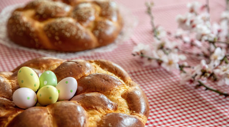 Easter sweet bread, cozonac or tsoureki on table, close up view. Braided brioche, festive...