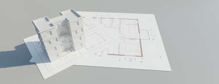 Architecture construction design, blueprint plan. Multi storey building model on architectural...