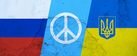 Russia vs Ukraine war. Peace symbol between national flag on faded wall background. Ukrainian and Russian relation crisis concept. 3d renderの写真素材
