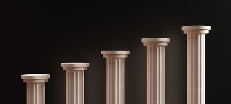 Pillar marble stone column colonnade, Four pedestal increase height on black background, Classic Ancient Greek civilization, business up, rise concept. 3d renderの写真素材