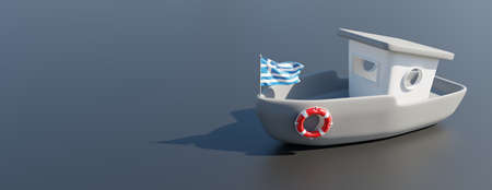 Greek flag Boat, Shipping business, sea travel and marine transportation in Greece, copy space, banner. 3d renderの写真素材
