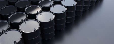 Oil and gas industry. Black color petrol barrel on black background. Petroleum production and market. 3d renderの写真素材