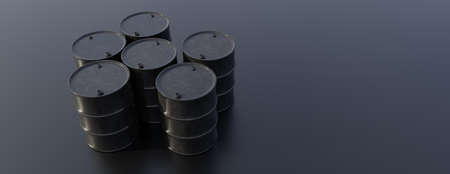 Oil and gas industry. Black color petrol barrel on black background. Petroleum production and market. 3d renderの写真素材
