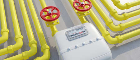Gas home utility distribution. Consumption measure, counter meter and yellow pipeline on concrete wall background, 3d renderの写真素材