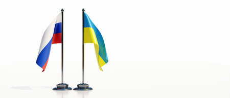 Russia vs Ukraine. National miniature flag opposed isolated on white background. Ukrainian and Russian war, conflict concept. 3d renderの写真素材