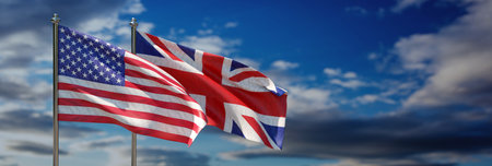 UK and USA national flag waving against cloudy sky background, United States of America and United Kingdom symbol on flagpole, banner. 3d renderの写真素材