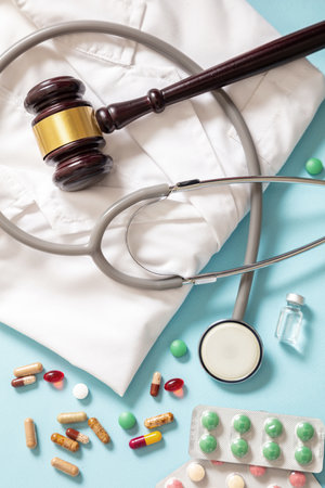 Health and Medicine legal issues. Medical malpractice, personal injury attorney. Judge gavel, stethoscope and medication on doctor coat, top viewの写真素材