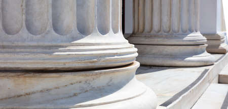 Pillars and stairs white marble. Classical columns in a row. Athens Greece Academy neoclassical building entrance colonnade.の写真素材