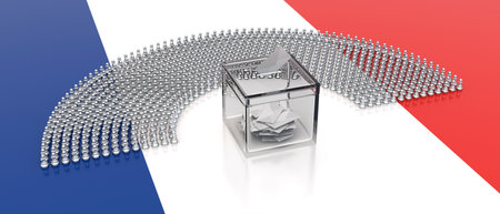 Election in France. White envelope in transparent ballot box slot. Parliament members as chess pawns on French flag background. 3d renderの写真素材