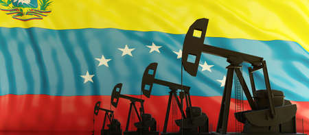 Oil and gas production in Venezuela. Pumpjack drilling on Venezuelan flag background. Petroleum fuel industry in the country. 3d renderの写真素材