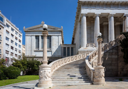 Greece, Athens Vallianeio Megaron entrance and stairs, sunny day, blue sky. The historic building...