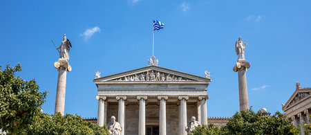 Greece Academy of Athens. National research academy neoclassical building main entrance, major landmark at the city center.のeditorial素材
