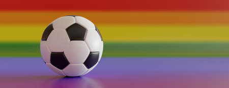 Soccer ball on rainbow LGBT color background, close up view, Gay football sport event, copy space. 3d renderの写真素材