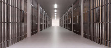 Prison facility hall interior, jail cell with metal bars and empty building corridor, dark background. Conviction and incarceration concept, 3d renderの写真素材