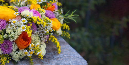 Spring, garden nature blooming. Fresh colorful wild flowers and herbs bouquet decoration, close up. Women or Mothers day celebration, copy space, templateの写真素材
