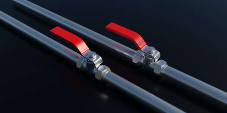 Water pipe switch on, on black background. Industrial metal pipeline, red color valve. Control...