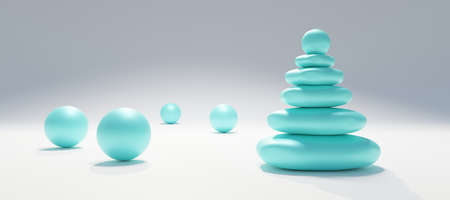 Zen stones pyramid stack and round sea pebbles on white background. Balance and spa wellness concept. Holistic natural therapy. 3d renderの写真素材