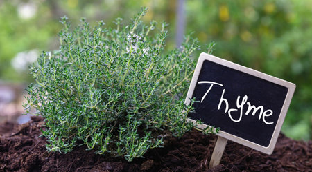 Thyme or Thymus culinary medicinal use herb. Fresh aromatic, therapeutic plant in soil and text...