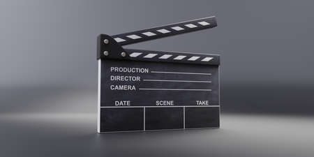 Movie clapper, black cinema scene clapperboard on gray background. Filmmaking, video production. 3d...