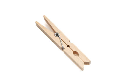 Cloth pin for laundry isolated on white background. Natural color wood clothespin, laundry dry peg...