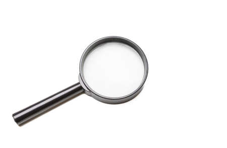 Magnifying glass. Magnify tool isolated cutout on white background. Loupe with black metal frame and...